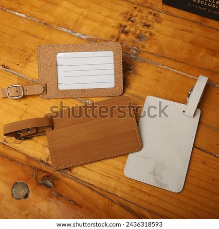 Leather luggage tags in different colors. Concept shot, top view