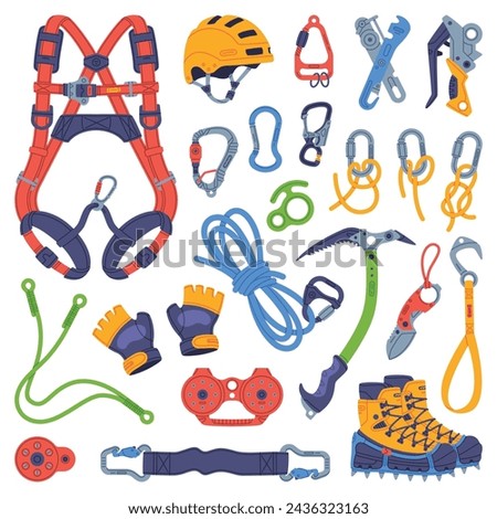 Climbing Equipment with Rope, Pickaxe and Safety Harness Vector Set