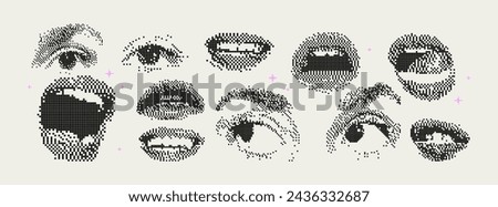Pixel Y2K female eyes and mouths. Set of trendy different bitmap graphic elements. Retro futuristic clip art shapes for collage or retro design. 8 bit. Vector illustration.