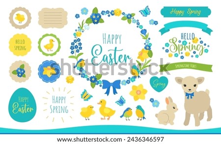 Spring Easter clipart set cute Easter bunny, colorful eggs, lamb, duckling, chick, spring flowers and leaves. Gift tags, labels happy spring signs. Circle floral frame. Charming spring clip art pack.