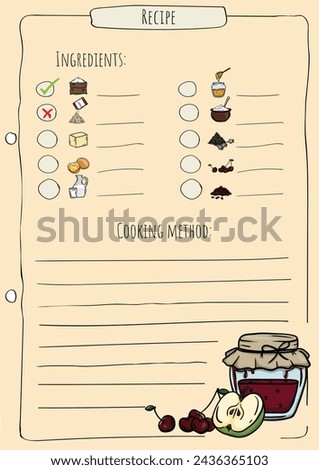 Recipe page template with list of ingredients, space for description. Book of recipes. Vector illustration
