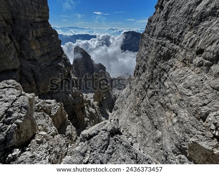 Vertical Vistas: Dolomite Via Ferrata Challenge in Adamello Brenta, Bocchette, Dolomites Royalty-Free Stock Photo #2436373457