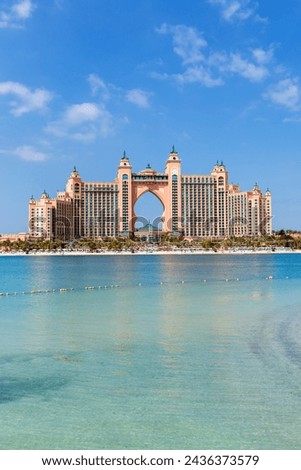Dubai Atlantis Hotel on artificial island The Palm Jumeirah luxury vacation portrait format holidays Royalty-Free Stock Photo #2436373579