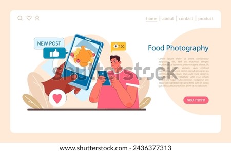 Food Photography concept. Gastronomic visuals captivating social media. A snapshot into delicious dishes through a digital lens. Culinary art with likes and shares. Flat vector illustration. Royalty-Free Stock Photo #2436377313