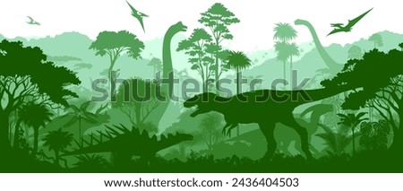 Vector prehistoric seamless jungle background with dinosaurs: Albertosaurus, Kentrosaurus, triceratops, brontosaurus and pterodactyl	 Royalty-Free Stock Photo #2436404503