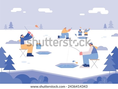 People are fishing for smelt in the ice river. flat vector illustration.