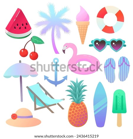 Collection of beach and summer themed items including a watermelon, sunglasses, palm and ice cream. Set of summer clip art in neon colorful style.