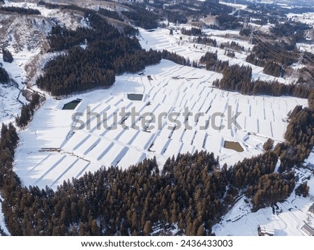 Drone picture: Rice terraces surrounded by trees and covered in beautiful snow