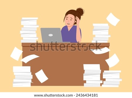 Woman overwork in office, deadline vector illustration. Female employee sitting at computer desk with stack of documents in mess and deadline tasks holding hand on head in flat design. Royalty-Free Stock Photo #2436434181