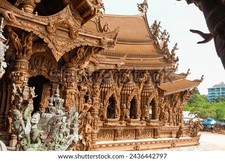 Wooden sculptures. The Temple of Truth. The city of Pattaya. Thailand. Close up background image
