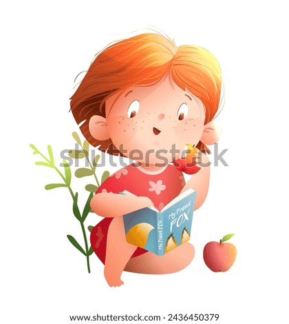 Cute little girl reading books or study sitting in nature, isolated clip art. Summer or spring cartoon for children girl reading a book and eating apples. Vector clip art illustration for kids story.