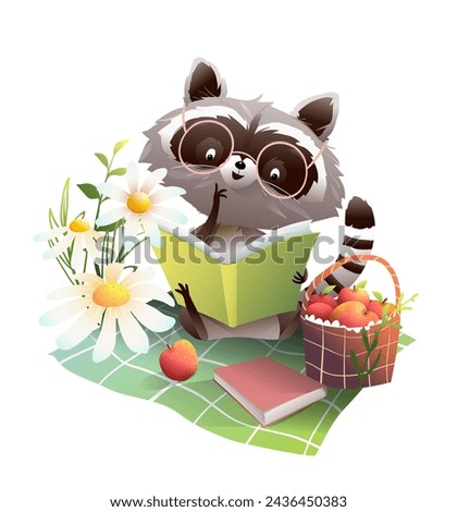 Cute raccoon reading books or study, on picnic blanket with a basket of apples. Summer or spring cartoon for children with animal reading books. Vector animals in nature clip art collection.
