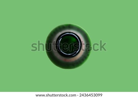 open green beer bottle top view, copy space for text and picture advertising