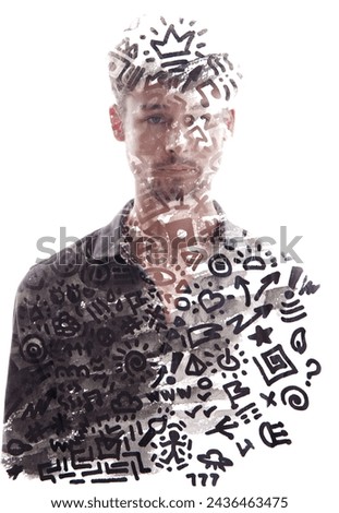 A double exposure paintography of a man's full-front merged with doodles