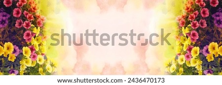 Floral background with colorful petunias. Birthday or wedding template backgrounds. Flowers frame banner with copy space