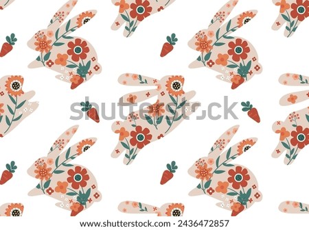 Easter, Spring seamless background. Clip art, retro style.Colorful floral in rabbit outline. Happy easter greeting card with decorative easter bunny.