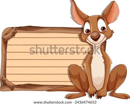 Cartoon kangaroo sitting beside a wooden sign.