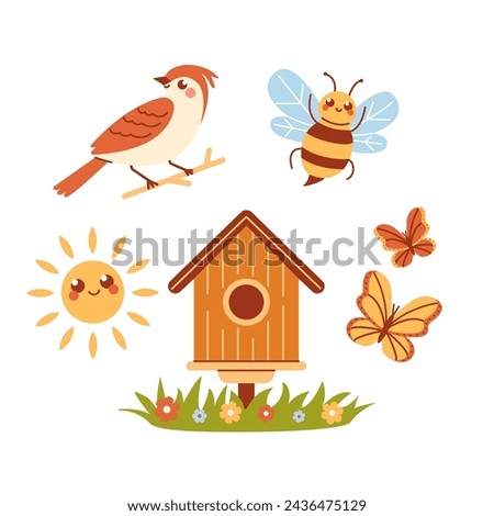 Spring characters with birdhouse on white background clip art set