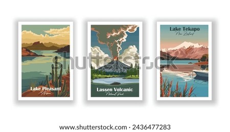 Lake Pleasant, Arizona. Lake Tekapo, New Zealand. Lassen Volcanic, National Park - Set Vintage Travel Poster. Vector illustration. High quality prints