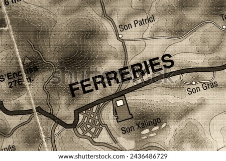 Ferreries in Menorca, Spain city town centre map of district atlas name in sepia