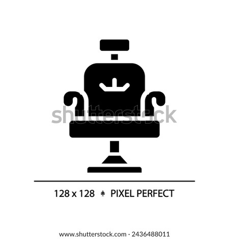 2D pixel perfect salon chair glyph style icon, isolated vector, haircare simple black silhouette illustration.