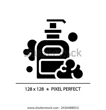 2D pixel perfect shampoo bottle glyph style icon, isolated vector, haircare simple black silhouette illustration.
