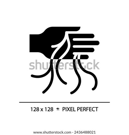 2D pixel perfect hand washing hair glyph style icon, isolated vector, haircare simple black silhouette illustration.