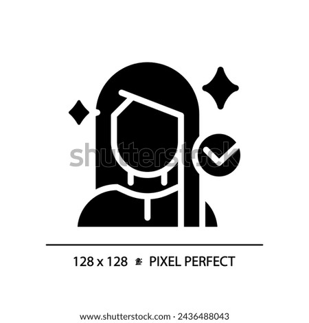 2D pixel perfect woman with shiny hairstyle glyph style icon, isolated vector, haircare simple black silhouette illustration.