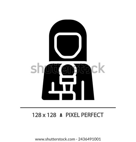 2D pixel perfect glyph style female news reporter icon, isolated vector, thin line illustration representing journalism.