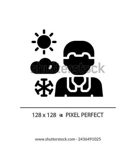 2D pixel perfect glyph style weather newscaster icon, isolated vector, thin line illustration representing journalism.
