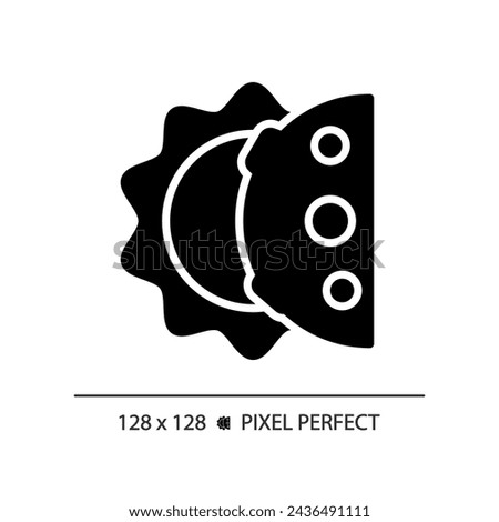 Solar eclipse pixel perfect black glyph icon. Natural wonder. Sun and moon. Space science. Celestial event. Silhouette symbol on white space. Solid pictogram. Vector isolated illustration Royalty-Free Stock Photo #2436491111