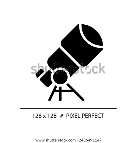 Telescope pixel perfect black glyph icon. Star gazing. Space discovery. Planetary science. Astronomy education. Silhouette symbol on white space. Solid pictogram. Vector isolated illustration Royalty-Free Stock Photo #2436491147