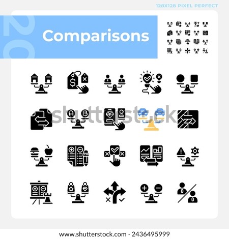 2D pixel perfect silhouette icons pack representing comparisons, black glyph style illustration