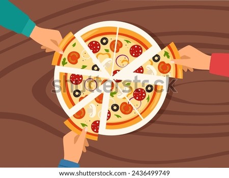 People hands taking triangle pizza slices from dish on table. Top view of Italian fast food at corporate party. Hungry friends eating fast food together. Vector illustration