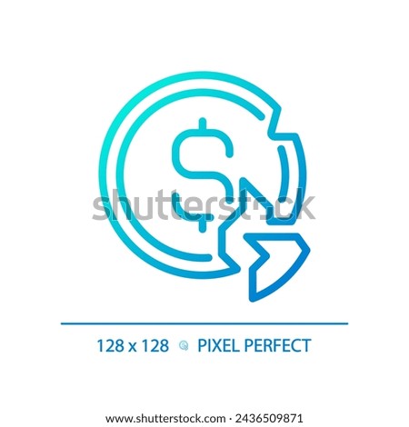 2D pixel perfect gradient broken coin icon, isolated vector, thin line blue illustration representing economic crisis.