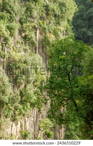 Limestone mountain cliff seen in Kin Loong Valley, Ipoh, Perak, Malaysia. Royalty-Free Stock Photo #2436510229