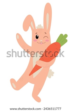 Easter bunny rabbit cartoon character holding big carrot isolated on white background. Trendy Easter design. Flat vector illustration for poster, icon, card, logo, label.