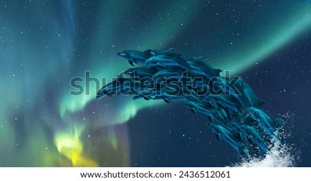 Group of dolphins jumping on the water with aurora