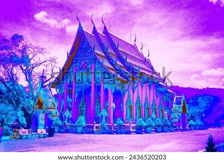 Classic temple with white balance adjusted. Most color is cool tone, purple and blue.
