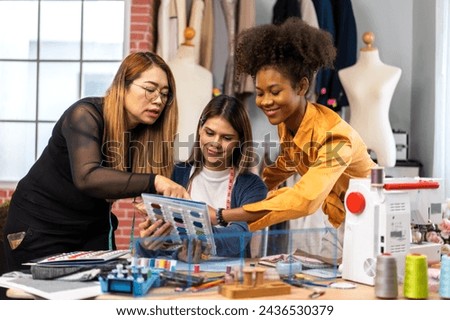Collaboration and creativity in fashion design of teamwork, three diverse and talented designer collaborating on fabric swatches and design choices, creative studio, textile industry, fabric selection