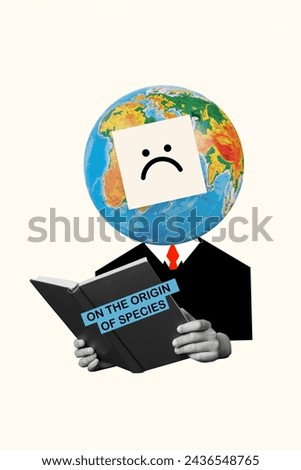 Vertical collage picture of black white colors man arms hold read book on the origin of species sad emoji planet earth globe instead head