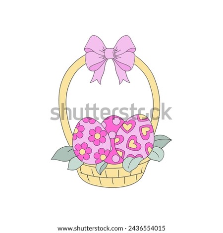 Cute hand drawn wicker basket with colourful ornated Easter eggs vector illustration isolated on white. Linear happy Easter holiday print poster postcard themed graphics. 