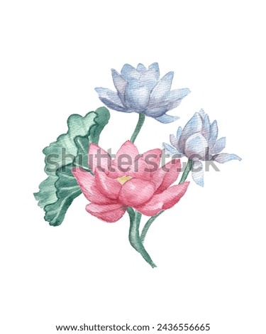 Watercolor composition of a bouquet of water lilies buds and leaves