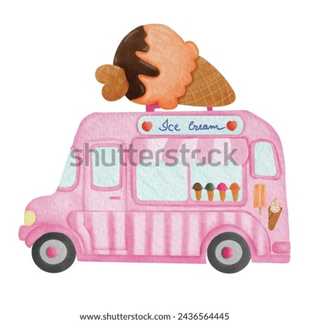Ice cream Truck. Symbol of Freshness and Happiness.  Watercolor Ice cream Truck on White Background.  Vector illustration.