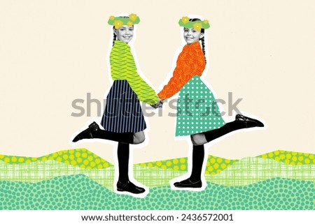 Composite photo collage of two little sisters hold hands dance field grass flower wreath spring walk outdoors isolated on painted background