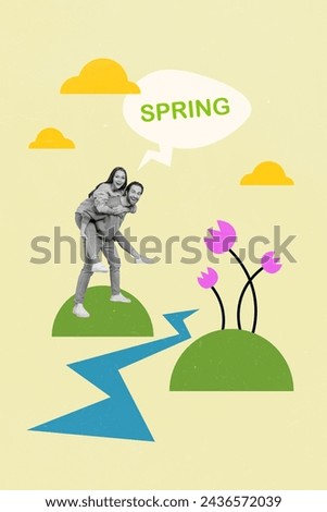 Vertical collage picture of two black white colors partners piggyback good mood spring dialogue bubble fresh tulip flowers clouds river