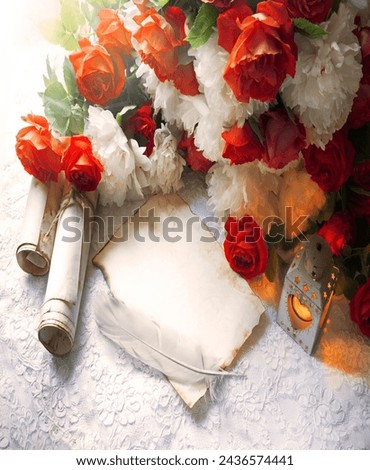 Past age Jewish wed page teach bible love mail post study pray lamp light desk text space Holy god christian faith romance art red floral bloom bud petal vase close up top view still life frame symbol Royalty-Free Stock Photo #2436574441