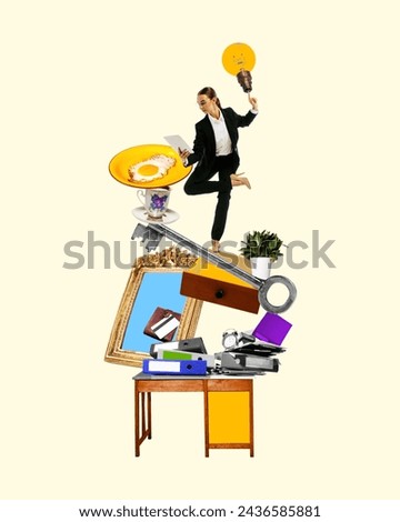 Concentrated businesswoman balancing with life and working tasks, eating breakfast and looking on projects. Conceptual contemporary art collage. Concept of work-life balance, time management