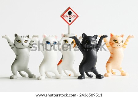 Five toy cats marched in a demonstration with a Buy food! White background. Buy food for pets and homeless animals. The toy world. Photo. Close-up