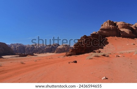 Beautiful landscape of the dunes with red sand. brown rocks,  several green plants and blue sky